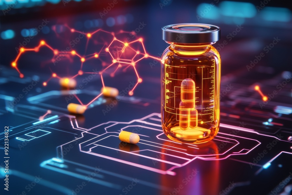 Aufkleber a high tech and sophisticated image of capsules and a vial resting on a glowing circuit board symbol