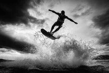 A surfer performing an aerial move over the ocean waves with a dramatic sky filled with dark clouds in the background, showcasing extreme sports and adventure. - Powered by Adobe