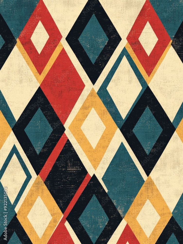 Poster intersecting abstract pattern with lines forming geometric diamond shapes in a structured vintage in