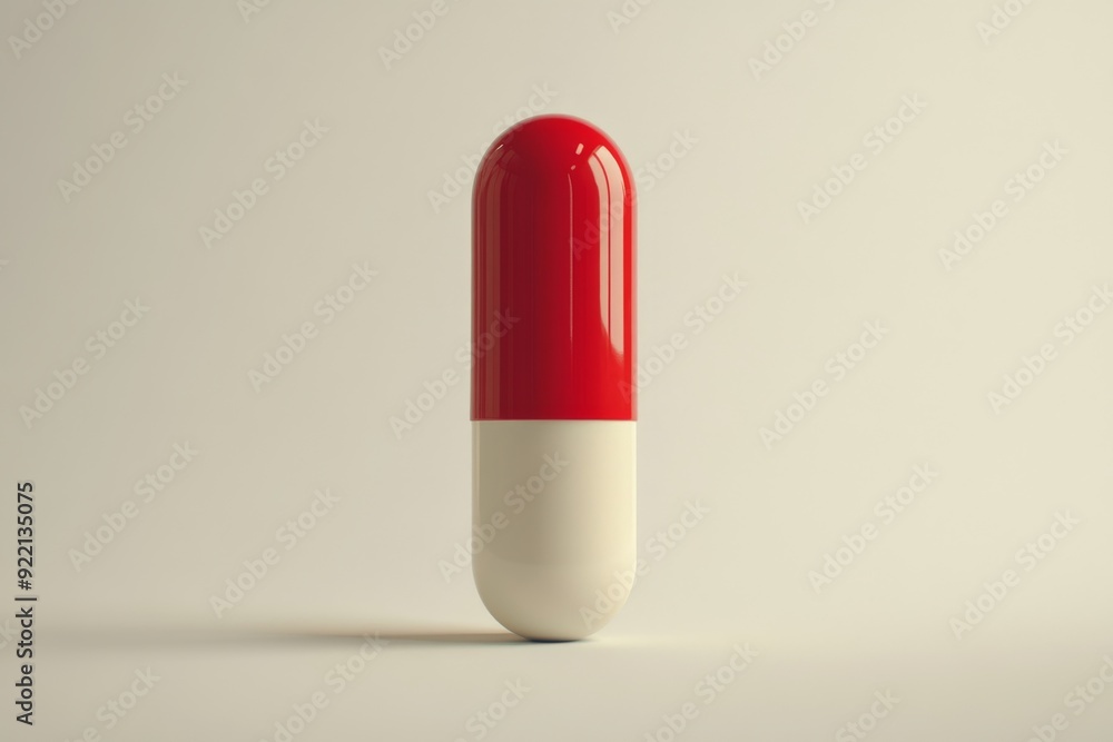 Poster a minimalist and clean image of a single red and white capsule set against a neutral background symb