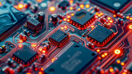 Fototapeta premium Detailed Close-Up of Integrated Microchip - Showcasing Intricate Circuitry and Metallic Components with Focus on Fine Details and Complex Design in Real Photography