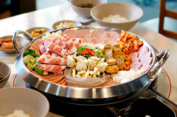 부대찌개를 예쁘게 플레이팅 한 모습