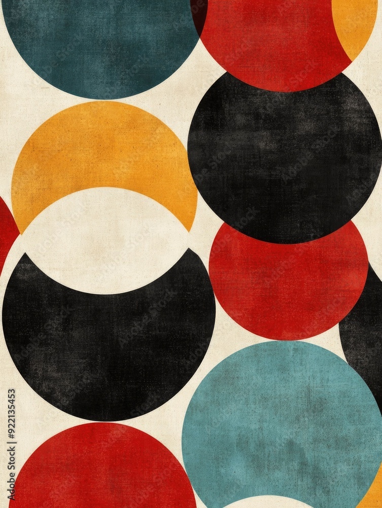Poster visually striking interlocking circle patterns with internal lines in a warm and vintage color palet