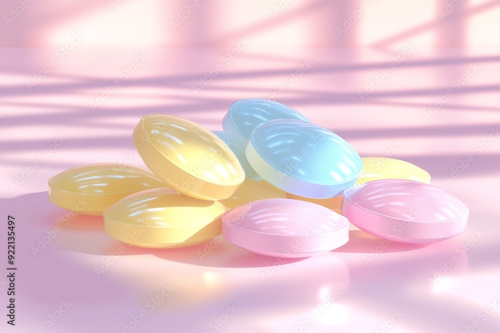 Aufkleber a soft and ethereal close up of pastel colored capsules resting in a warm glowing environment symbol
