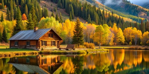 Naklejka premium Earthy Palette: Dominant use of natural tones such as browns, greens, and amber, reflecting the organic hues found in log cabins and their surroundings.