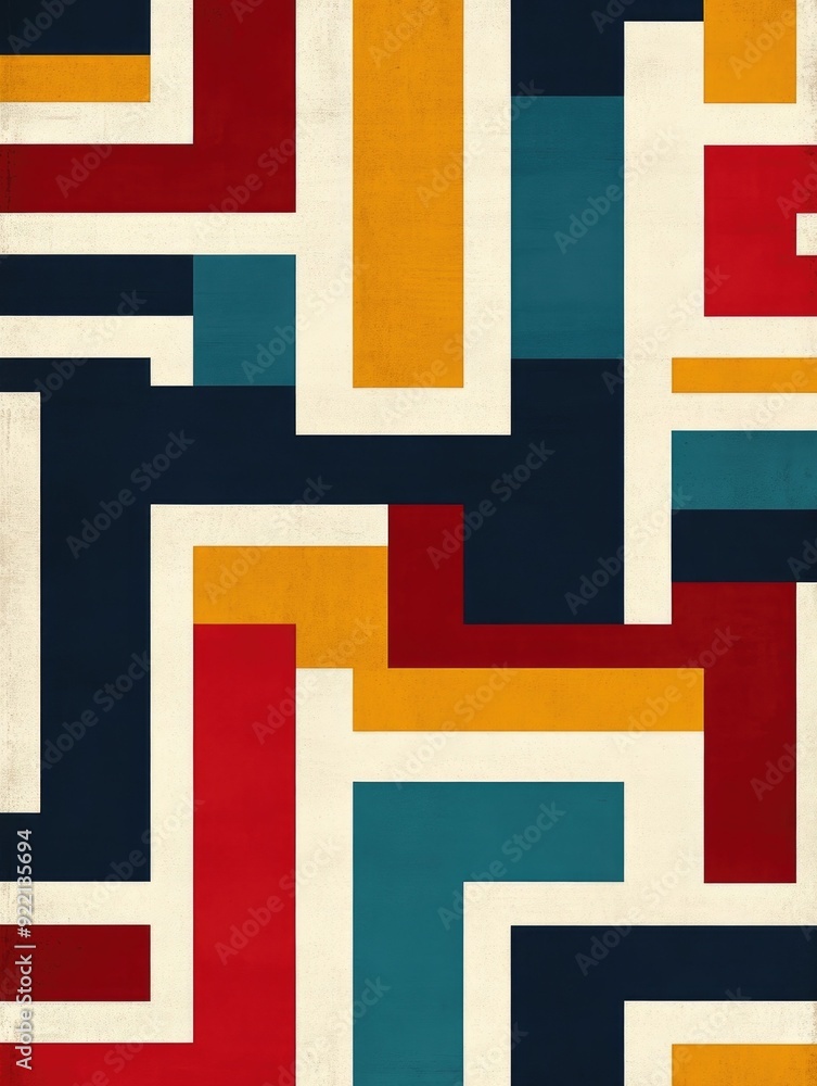 Poster retro geometric pattern with overlapping squares and diagonal lines creating a visually striking and