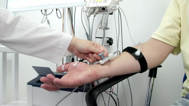 Electromyography for testing patient nerve activity. A modern medical test to detect nerve and muscle issues. Perfect for showcasing professional diagnostics.