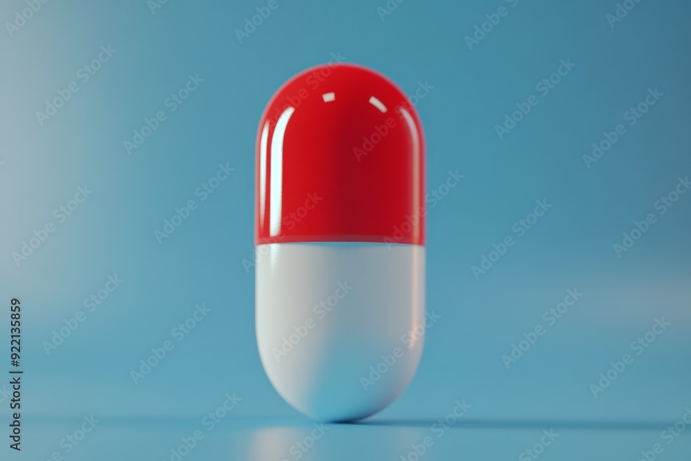 Poster a minimalist and modern image of a single red and white capsule standing upright against a simple bl