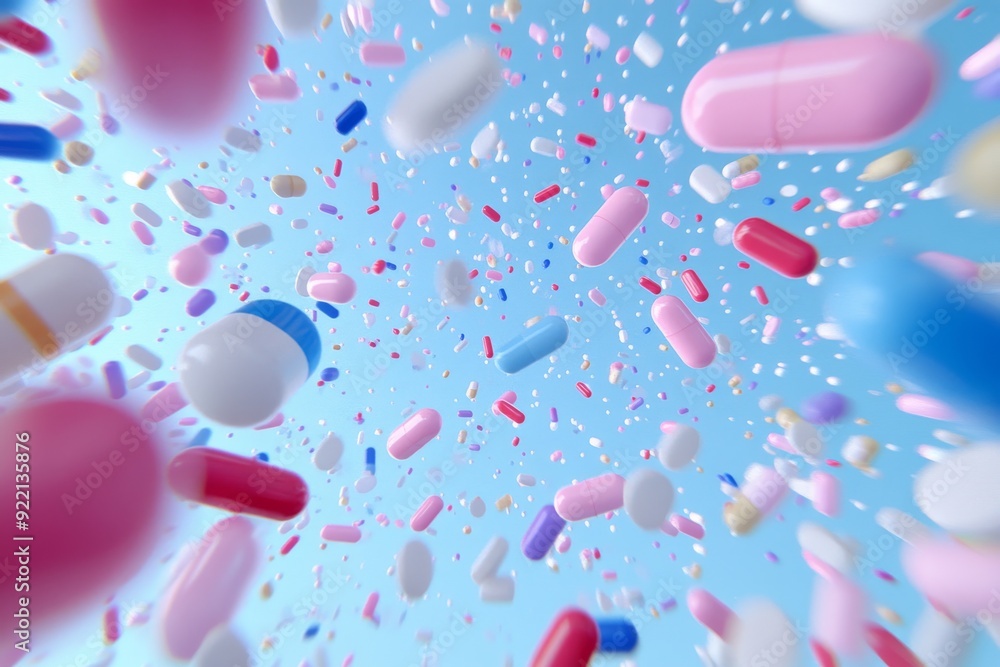 Poster a dynamic and vibrant image of colorful pills and capsules floating in a bright blue sky symbolizing