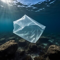 Clear plastic floating under the sea ocean, environmental pollution crisis