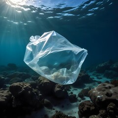 Clear plastic floating under the sea ocean, environmental pollution crisis