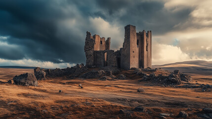 The panoramic shot shows an old, ruined castle set in hard, rocky terrain contrasting with a stormy, cloudy sky.