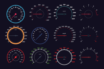 Car speedometer set. Measurement of vehicle speed and engine revolutions. Interface for programs and applications. Vector illustration