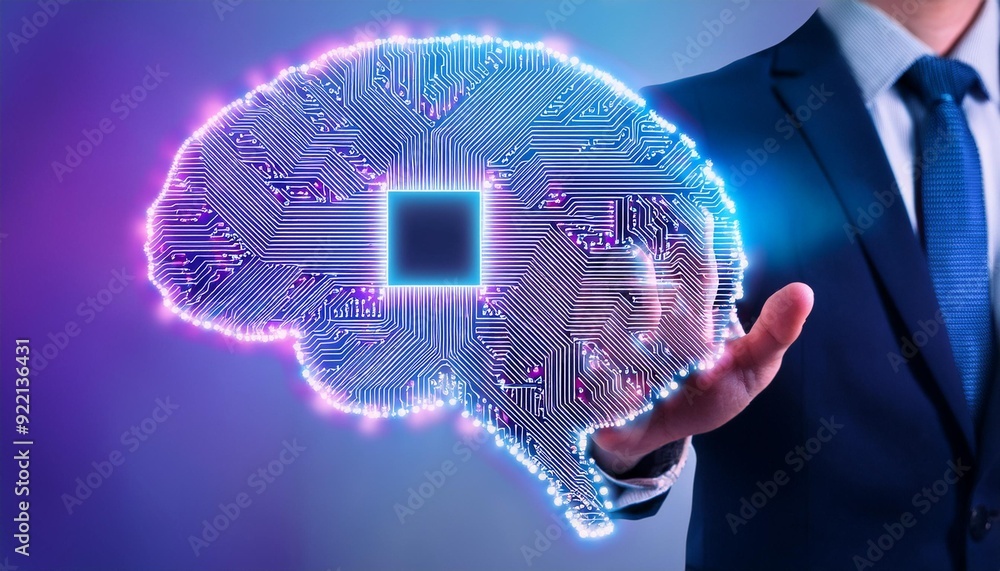 Poster artificial intelligence ai brain circuit board in shape electronic pcb circuit icon symbol businessm