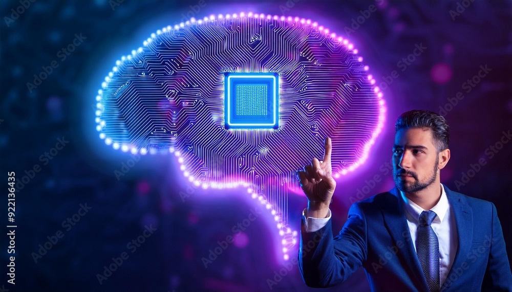 Poster artificial intelligence ai brain circuit board in shape electronic pcb circuit icon symbol businessm
