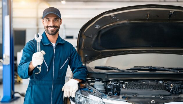 Happy car mechanic inspection technician holding wrench and smiling to camera after fixing customer car claim in service maintenance insurance of car engine. Transportation automotive industry concept
