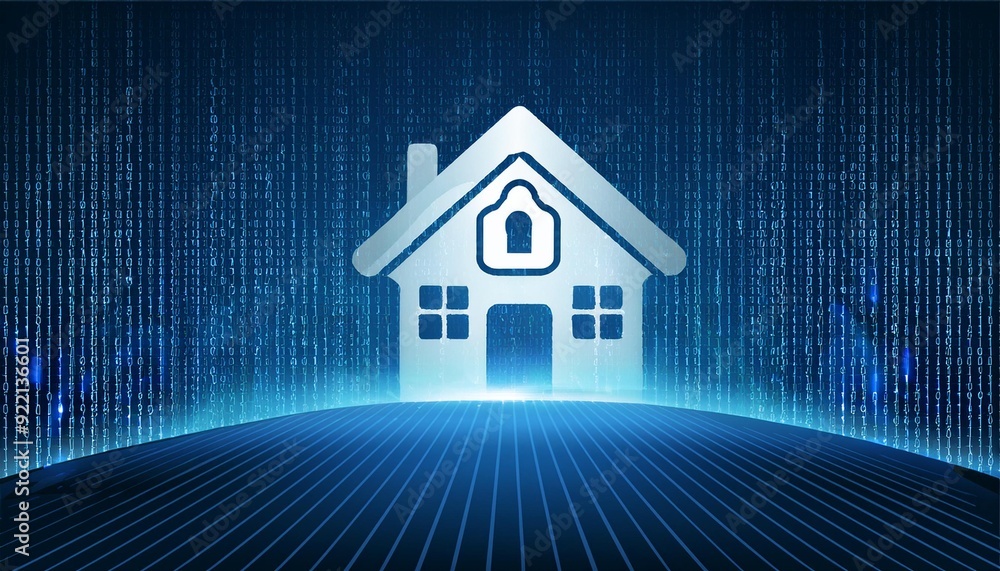 Poster smart home entertainment and futuristic security on blue abstract digital binary code background. bu