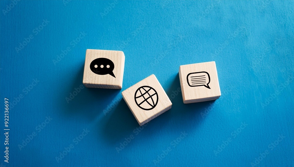 Poster wooden cubes with texting message chat link speech bubble each other on blue background. online comm