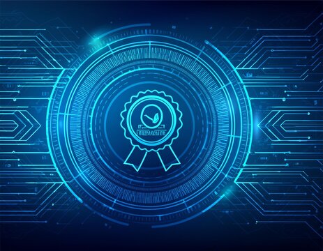 Futuristic badge award medal and business guarantee mark symbol for online digital transformation abstract technology background. Innovative technology and big data concept.  illustration