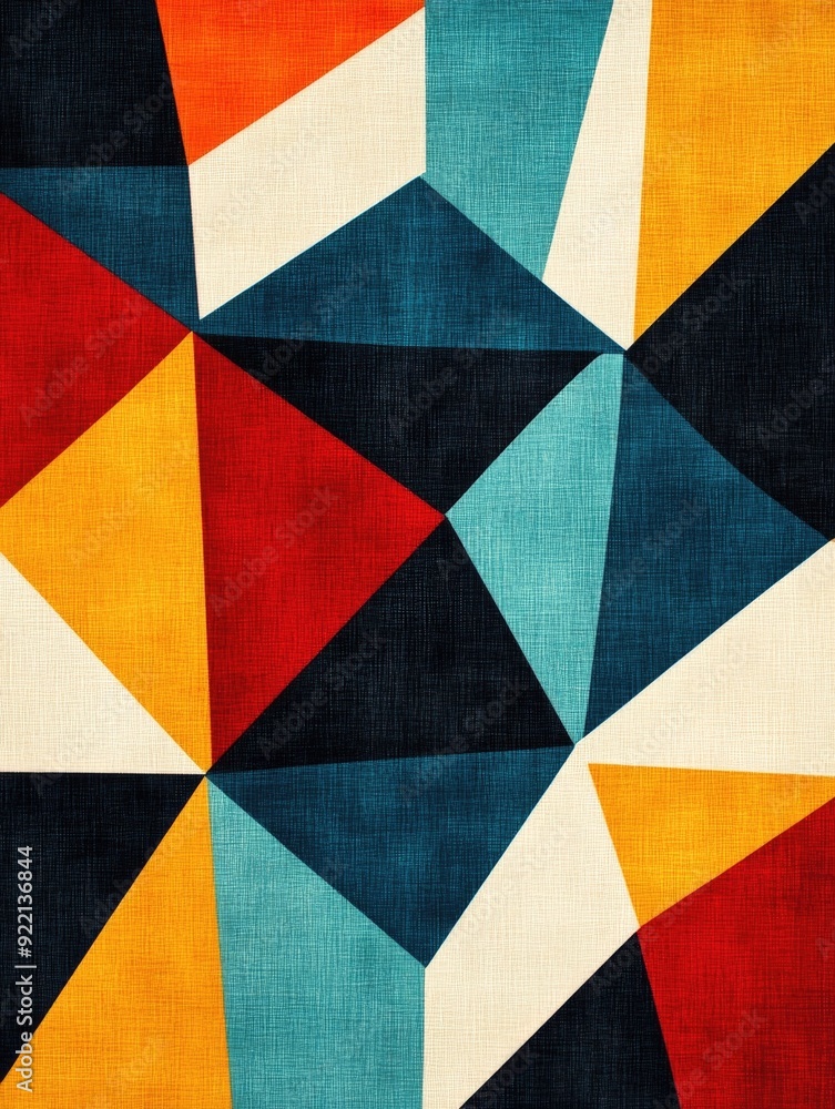 Poster intersecting angular lines and diamond shapes forming a dynamic geometric pattern design with a retr