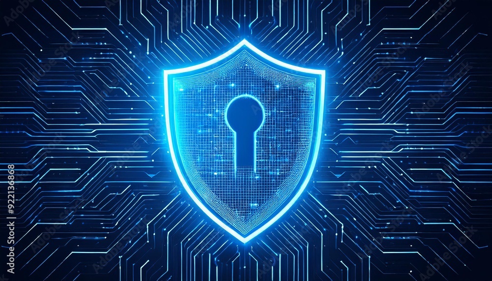 Poster futuristic blue shield ethics and privacy protection abstract technology background. artificial inte