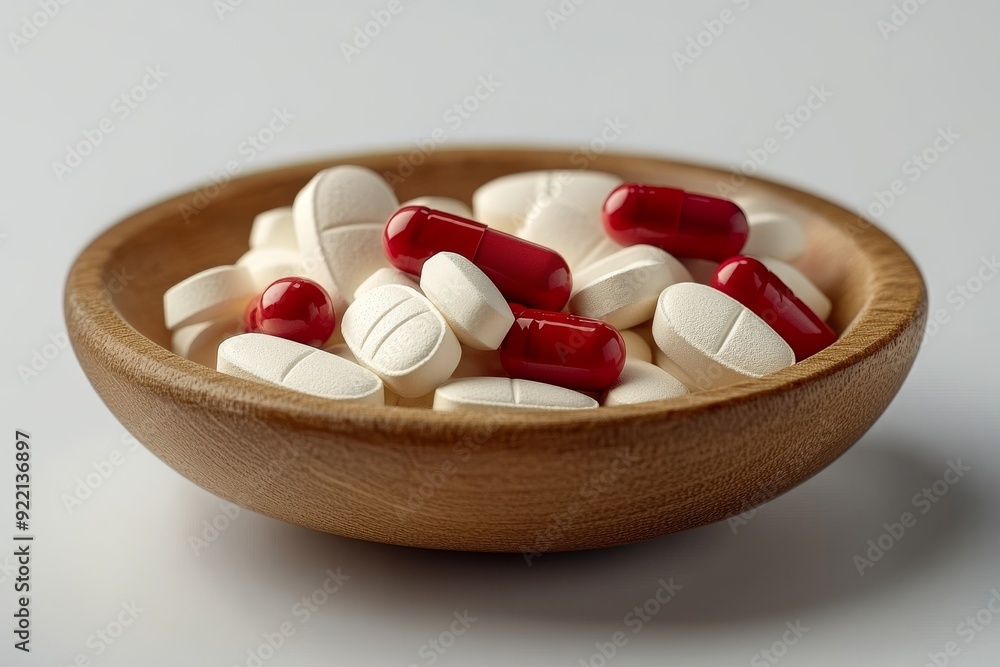 Aufkleber a rustic and natural image of red and white capsules arranged in a wooden bowl symbolizing the integ