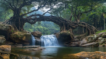 Fototapeta premium A Stunning Waterfall Cascading Through a Natural Bridge Formed by a Tree's Twisted Roots