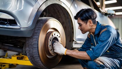 Asian male car technician car maintenance for customers according to specified vehicle maintenance checklist. Disk brake pad wear automotive repairing on vehicle. Safety inspection check service