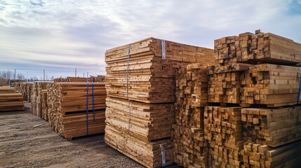 Bulk Lumber at Timbering Yard. Stacked Pine Wood Pile with Fence Posts and Planks