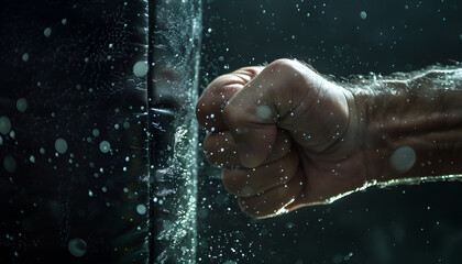 Fototapeta premium Close-up hand of boxer at the moment of impact on punching bag over black background