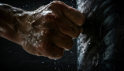Fototapeta premium Close-up hand of boxer at the moment of impact on punching bag over black background