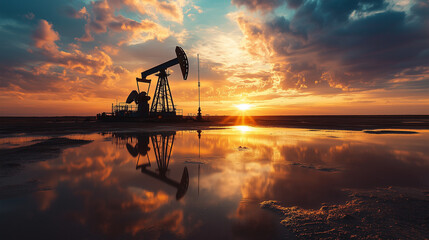 Naklejka premium In a vast desert area, an oil pump does its job as the sun sets, painting the sky in shades of orange and red.
