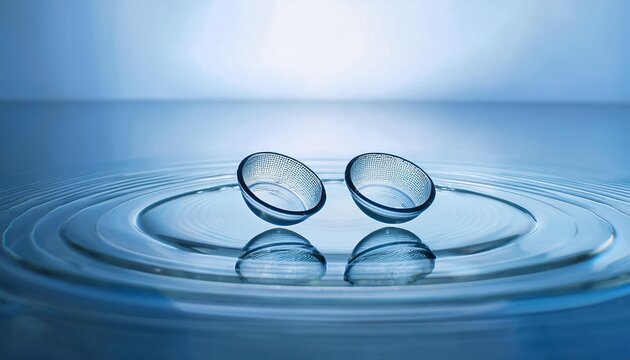 Couple of contact lens on clean reflection floor in laboratory. Optics medical and healthcare concept. Rotating camera motion around objects. 4K footage motion graphic video
