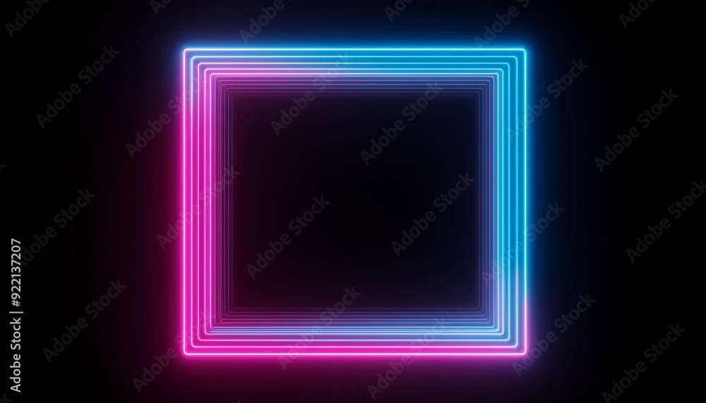 Poster square rectangle picture frame with two tone neon color motion graphic on isolated black background.
