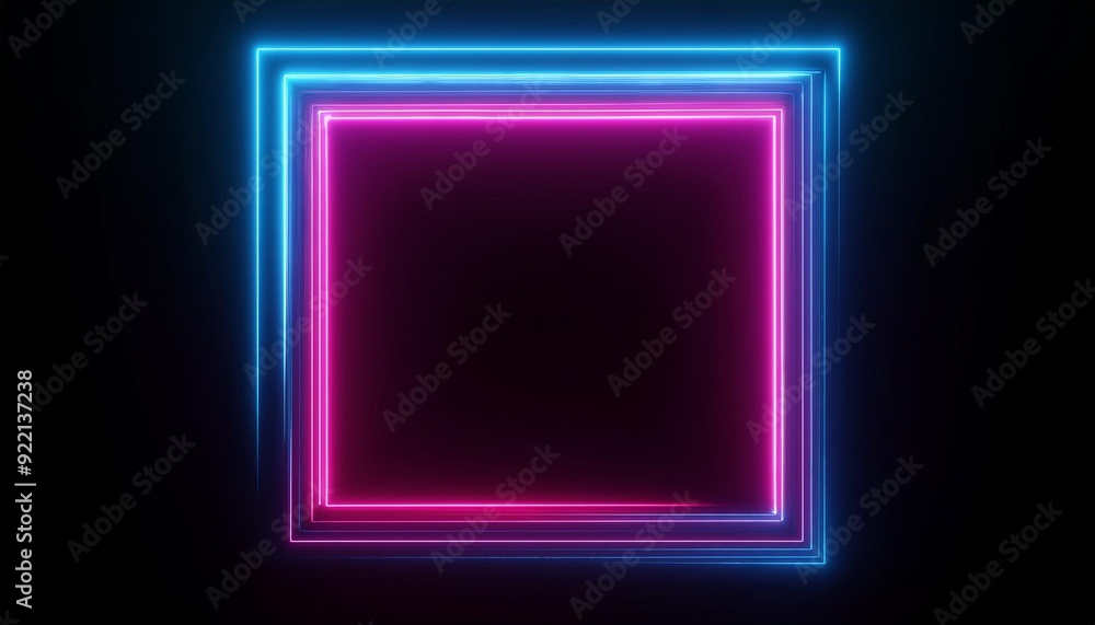 Poster square rectangle picture frame with two tone neon color motion graphic on isolated black background.