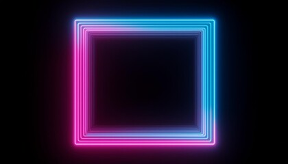 Square rectangle picture frame with two tone neon color motion graphic on isolated black background. Blue and pink light moving for overlay element. 3D illustration rendering. Empty copy space middle