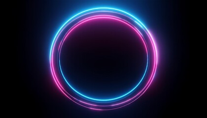Obraz premium Round circle picture frame with two tone neon color shade motion graphic on isolated black background. Blue and pink light moving for overlay element. 3D illustration rendering. Empty space in middle