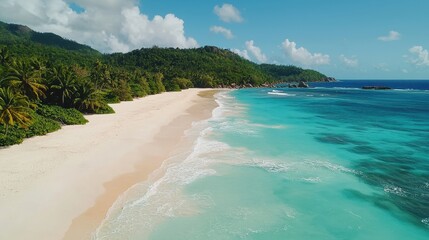 Obraz premium Drone overview of paradise beach on Seychelles island