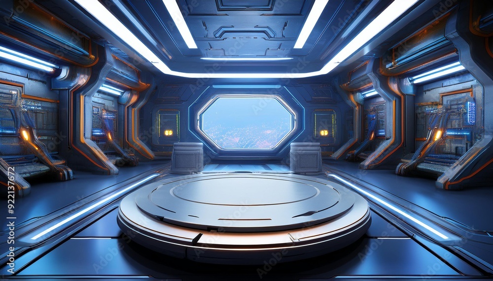 Aufkleber inside spaceship laboratory interior architecture and empty podium for cyberpunk product presentatio