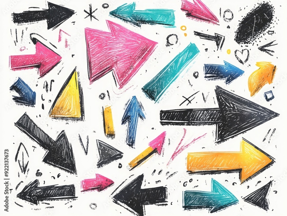Poster whimsical hand drawn doodle style arrows pointing in various dynamic directions creating a playful a