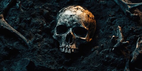 Buried Bones. Dark Art Background with Model Skull and Bones in Cemetery Pit