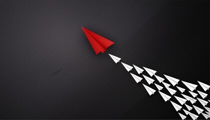 Leadership of Red paper airplane concept between white paper airplane. Key man and Business successful with one direction together. Black texture illustration background .