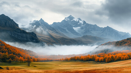 Impressive view of a mountain range surrounded by mist, with vibrant green and orange meadows in the foreground.