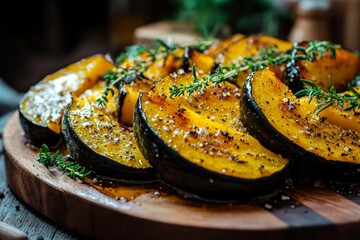 beautifully roasted acorn squash, sliced and arranged on a rustic wooden platter, with a drizzle of olive oil, fresh herbs, and a sprinkle of seasoning, set against a cozy kitchen backdrop