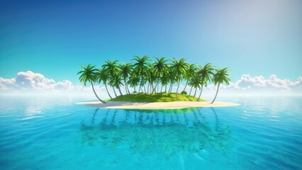 Naklejka premium A small, secluded tropical island covered in palm trees and vibrant greenery, surrounded by the calm, turquoise waters of the ocean, symbolizing ultimate relaxation
