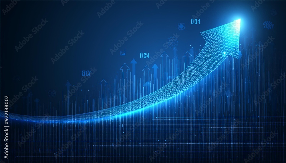 Poster futuristic raise arrow chart digital transformation abstract technology background. big data and bus