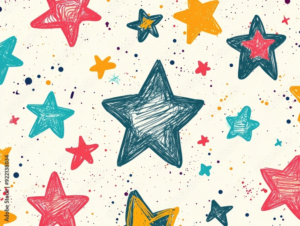 Poster Whimsical doodle style stars in varying sizes arranged in a dynamic and enchanting celestial composition  Hand drawn elements create a playful imaginative and mystical atmosphere