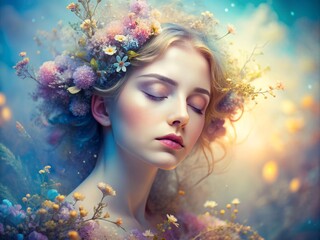 Ephemeral Transience: Fading light, closed eyes, fleeting beauty, pastel colors, meditative mood