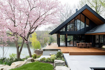 A beautiful A-frame wooden house with full wall windows by calm lake