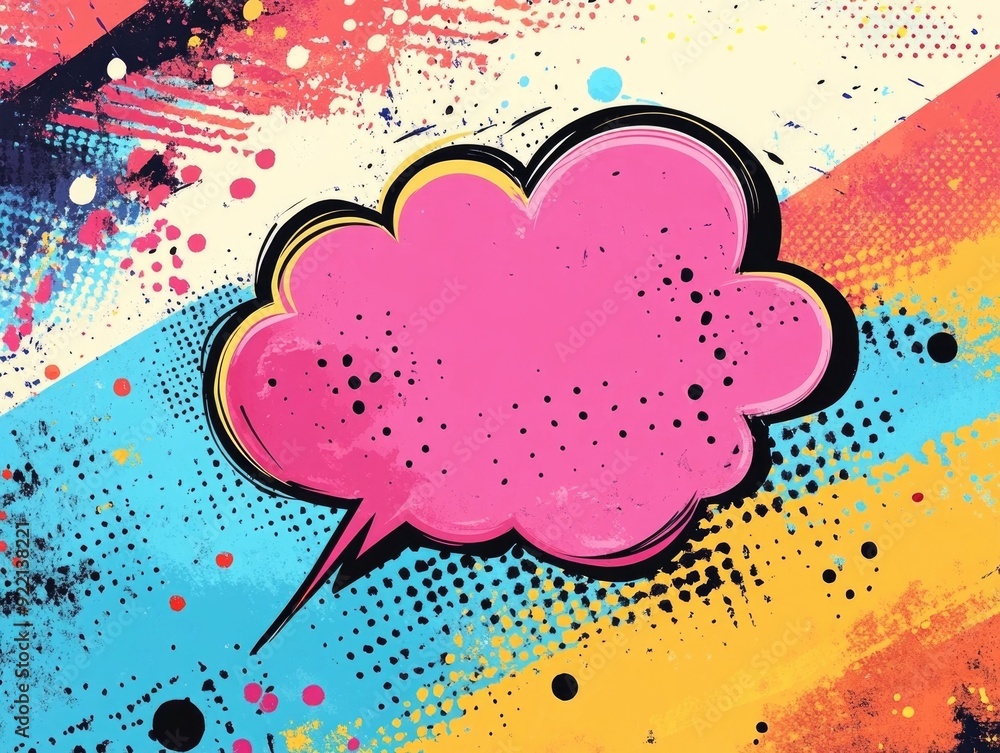 Poster vibrant and whimsical hand drawn speech bubble with expressive dotted lines and fun illustrated elem